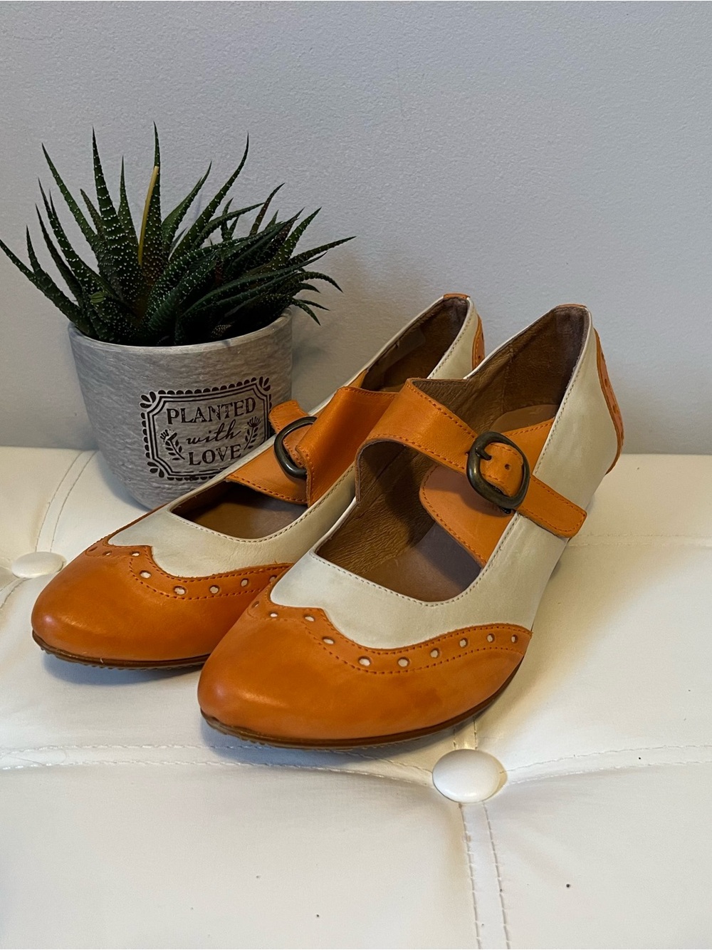 Two-Tone Mary Jane Heels in Orange and Cream
